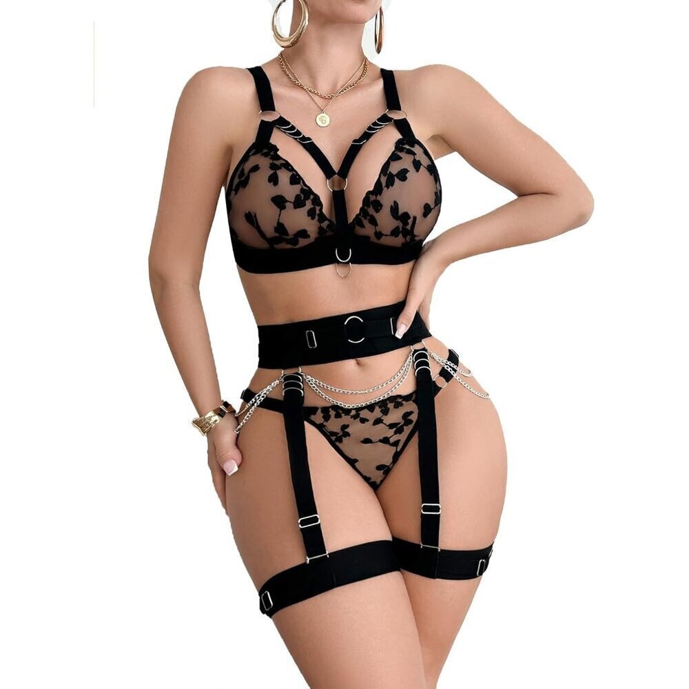 Women Floral Lace Naughty 5 Piecs Garter Belt Bodydoll Lingerie Set With Chain